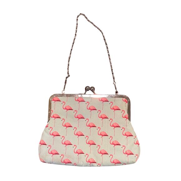 VTG Flamingo Clutch / Handbag / Coin Purse, Pink, Pastel Blue, Silver Chain - Picture 3 of 9